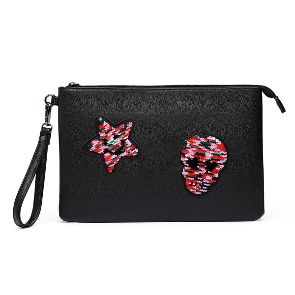 LT6822S-MISS LULU MISS LULU PU LEATHER SEQUIN SKULL CLUTCH BAG BLACK